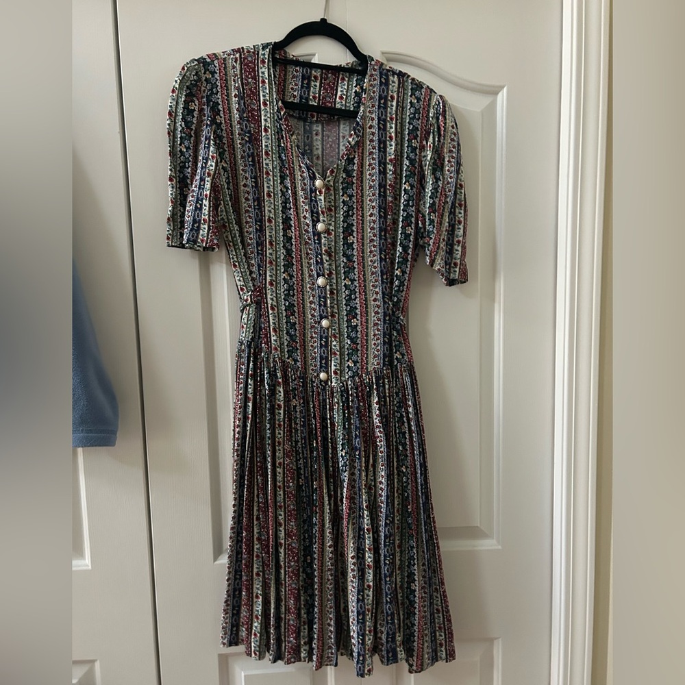 Vintage cotton striped  floral dress button down front